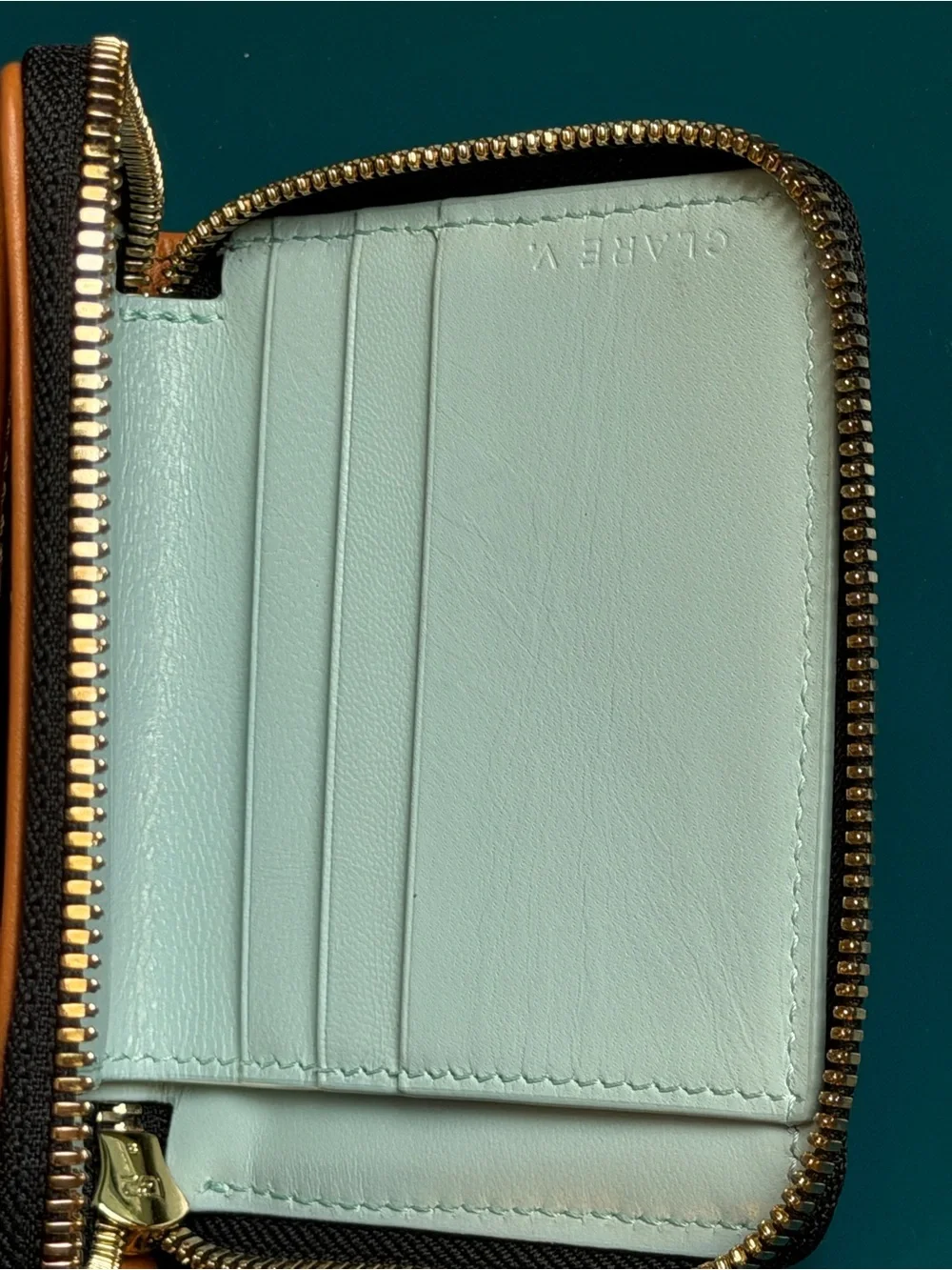 Clare V Petit Zip Wallet Cuoio w/ Black/Cream